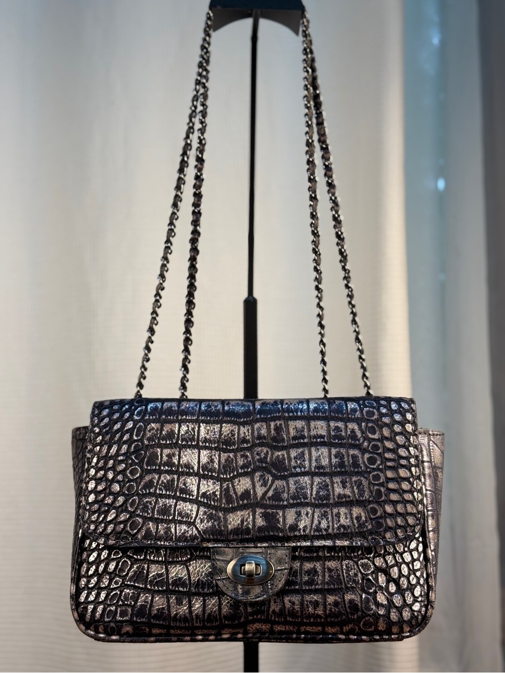Patricia Nash Lorenza Metallic Silver Croc Leather w/ Chain Shoulder Bag EUC